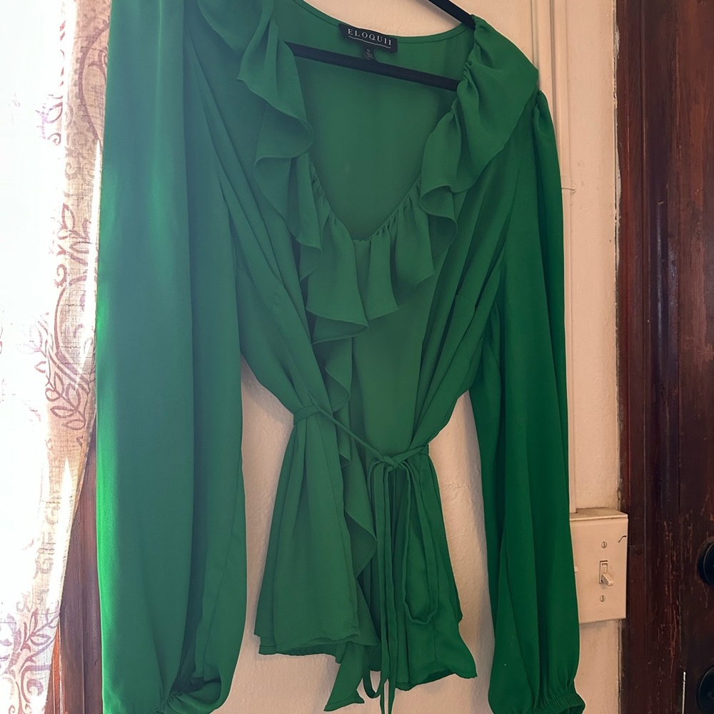 Eloquii Emerald Ruffle Tie Blouse